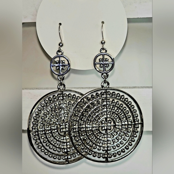 Baroque Silvertone Double Circle Drop Earrings - Picture 2 of 2